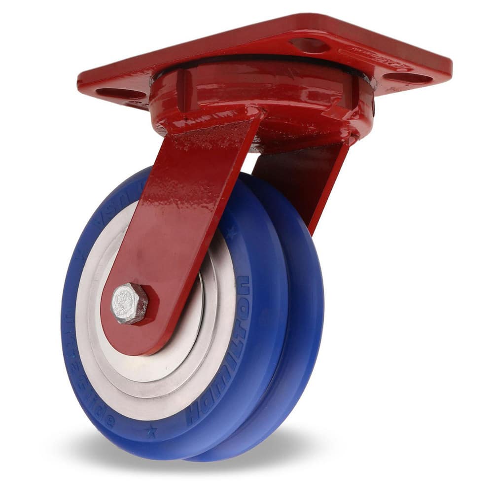 Swivel Top Plate Caster: Polyurethane on Aluminum, 6″ Wheel Dia, 2″ Wheel Width, 1,200 lb Capacity, 7-3/4″ OAH 6.5″ Plate Length, 4.5″ Plate Width, Non-Marking