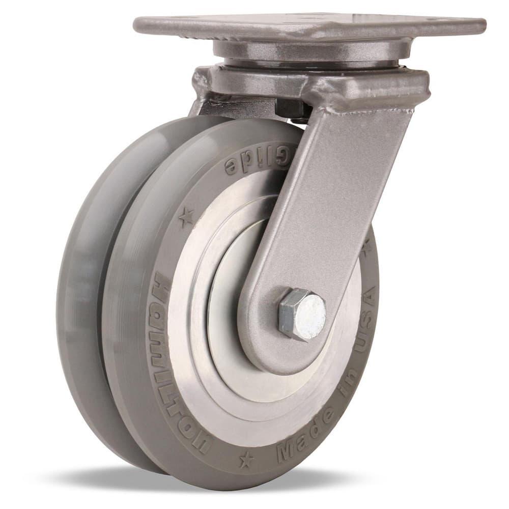 Swivel Top Plate Caster: Polyurethane on Aluminum, 6″ Wheel Dia, 2″ Wheel Width, 1,500 lb Capacity, 7-1/2″ OAH 5″ Plate Length, 4″ Plate Width, Non-Marking