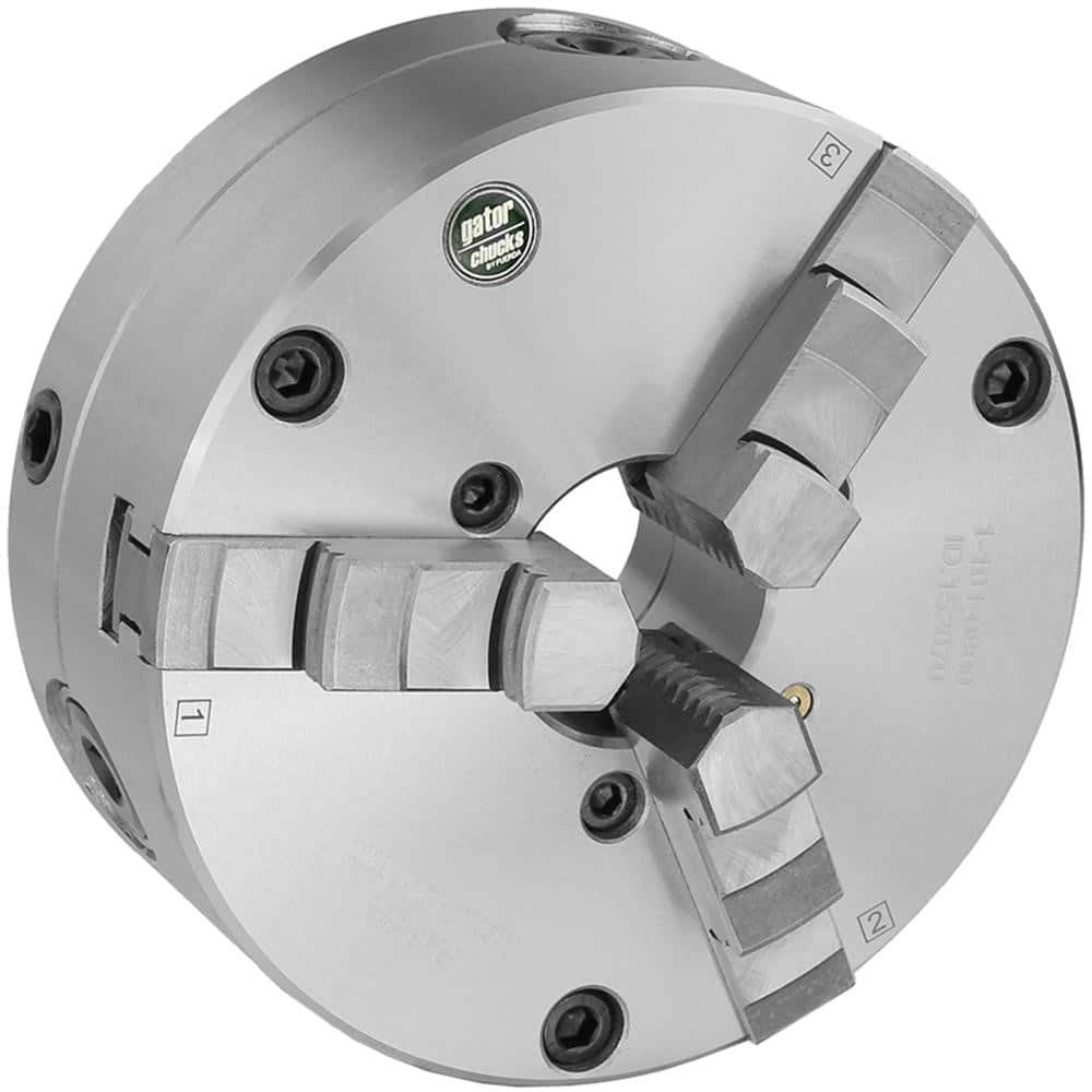 Self-Centering Manual Lathe Chuck: 3-Jaw,  8″ Dia Hard & Solid Jaws, Front Mount, Adjustable, 3,100 Max RPM