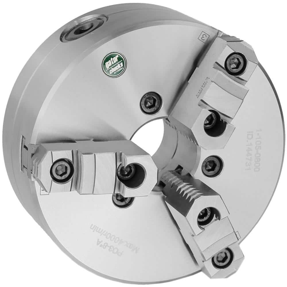 Self-Centering Manual Lathe Chuck: 3-Jaw,  8″ Dia Two-Piece Jaws, Plain Back Mount, 4,000 Max RPM