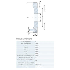 Lathe Chuck Adapter Back Plates; Nominal Chuck Size: 8 in; Mount Type: Slotted Table; Spindle Nose Type: Slotted Table; Chuck Compatibility: 1-105-0801; 1-202-0801; 1-201-0801; 1-203-0801; Through-hole Diameter: 2.362 in; Chuck Diameter Compatibility: 8 i