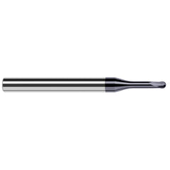 Ball End Mill: 0.039″ Dia, 0.031″ LOC, 2 Flute, Solid Carbide 2-1/2″ OAL, 1/4″ Shank Dia, 20 ° Helix, AlTiN Coated, Single End