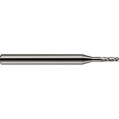 Ball End Mill: 0.035″ Dia, 0.105″ LOC, 4 Flute, Solid Carbide 1-1/2″ OAL, 1/8″ Shank Dia, 30 ° Helix, Uncoated, Single End