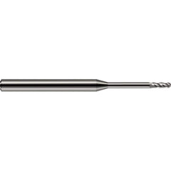 Ball End Mill: 0.05″ Dia, 0.15″ LOC, 4 Flute, Solid Carbide 1-1/2″ OAL, 1/8″ Shank Dia, 30 ° Helix, Uncoated, Single End