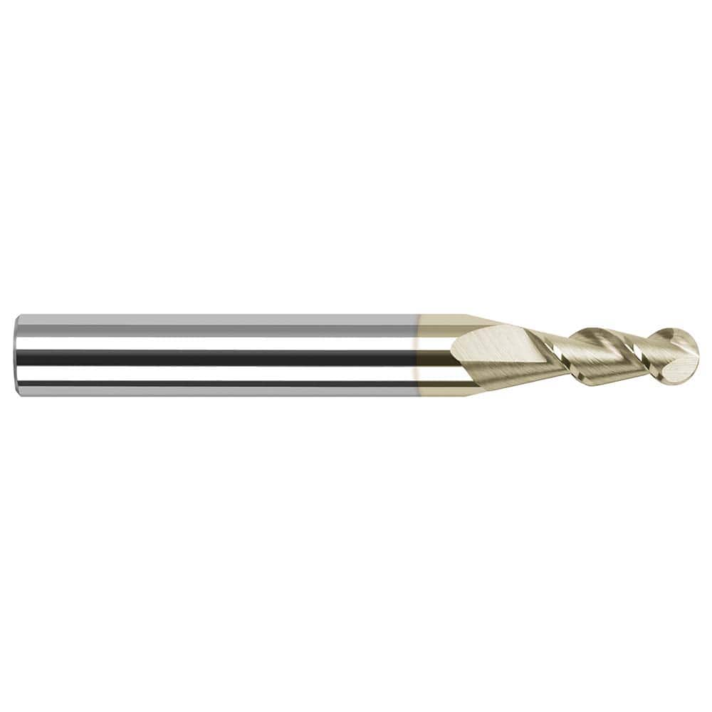 Ball End Mill: 0.09″ Dia, 0.27″ LOC, 2 Flute, Solid Carbide 1-1/2″ OAL, 1/8″ Shank Dia, 45 ° Helix, ZrN Coated, Single End