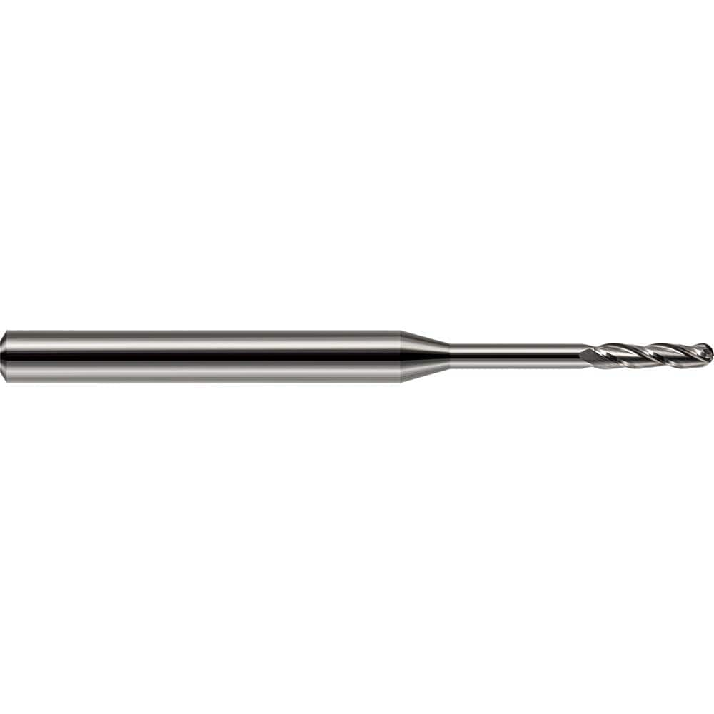 Ball End Mill: 0.025″ Dia, 0.125″ LOC, 3 Flute, Solid Carbide 2-1/2″ OAL, 1/8″ Shank Dia, 30 ° Helix, Uncoated, Single End