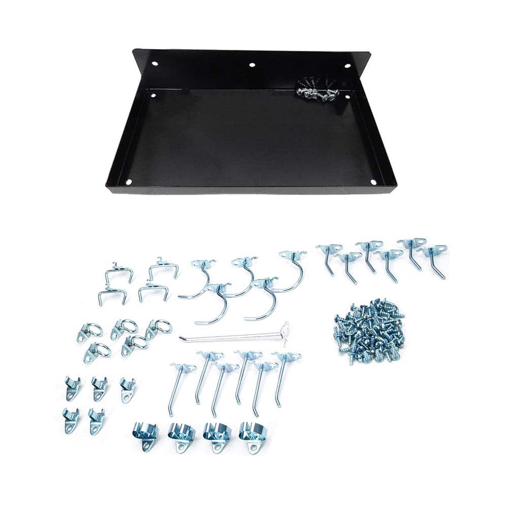 Triton - Peg Board Accessories; Type: Pegboard Shelf & Hook Assortment ; For Use With: DuraBoard; 1/4" & 1/8" Pegboards ; Color: Black ; Contents: (1) Shelf; (36 pc) DuraHook Locking Pegboard Hook Assortment - Exact Industrial Supply