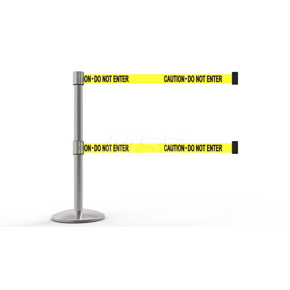 Free Standing Retractable Belt Barrier Post: 40″ High, 2.4″ Dia, Aluminum Post Cast Iron, Black & Yellow