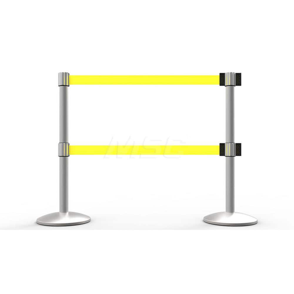 Free Standing Retractable Belt Barrier Post: 40″ High, 2.4″ Dia, Aluminum Post Cast Iron, Silver & Yellow