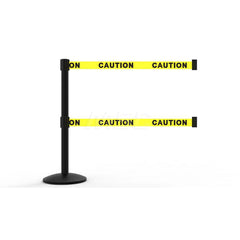 Free Standing Retractable Belt Barrier Post: 40″ High, 2.4″ Dia, Aluminum Post Cast Iron, Black & Yellow