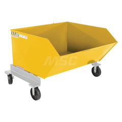 Stationary Tilt Hopper: 2,000 lb Capacity, 54″ Wide, 58.81″ Long, 37.125″ High Yellow, Powder Coated Steel, Hand Control