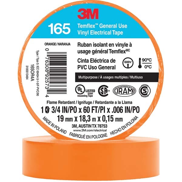 Electrical Tape: 3/4″ Wide, 60' Long, 6 mil Thick, Orange 32 to 194 ° F Operating Temp, 1,000 V/mil, Series 3M ™ Temflex ™ 165