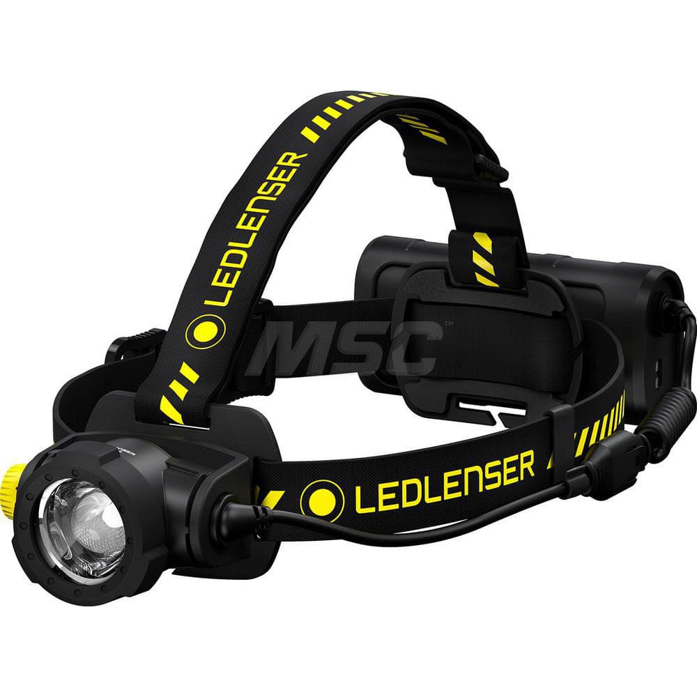 Aluminum Hands-free Flashlight 2500 Lumens, LED Bulb, Black & Yellow Body, Includes Rechargeable Battery, Magnetic Charging Cable, Focusing Aid Ring, Extension Cable, Transparent Silicone Helmet Band, Helmet Fixing Clips (4X) & Belt Clip