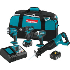 Cordless Tool Combination Kit: 18V, 4 Pc (1) 18V LXT 1/2″Hammer Driver-Drill (XPH10Z), (1) 18V LXT Impact Driver (XDT11Z), (1) 18V LXT Recipro Saw (XRJ04Z), (1) 18V LXT Xenon Flashlight (DML185), (2) 18V LXT Lithium-Ion 3.0Ah Battery (BL1830B), (1) 18V LX