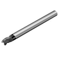 Corner Radius End Mill: 5/8″ Dia, 3/4″ LOC, 0.033″ Radius, 3 Flutes, Solid Carbide 5″ OAL, 5/8″ Shank Dia, 38 ° Helix, AlTiN Coated, Corner Radius End, Centercutting, Series CoroMill Dura