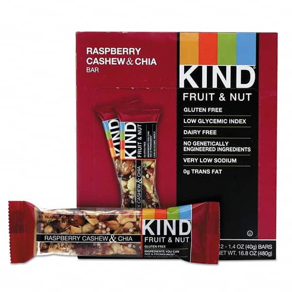 KIND - Snacks, Cookies, Candy & Gum Breakroom Accessory Type: Granola Bars Breakroom Accessory Description: Fruit and Nut Bars, Raspberry Cashew & Chia, 1.4 oz Bar, 12/Box - A1 Tooling