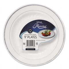 WNA - Masterpiece Plastic Plates, 9 in, White w/Silver Accents, Round, 120/Carton - A1 Tooling