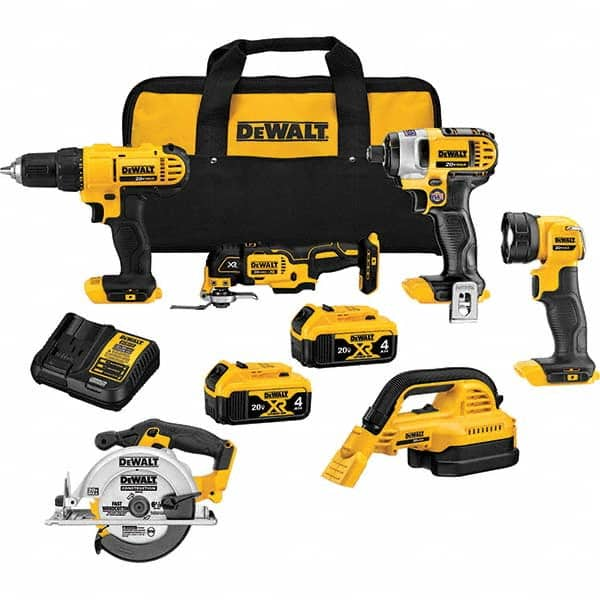 DeWALT - Cordless Tool Combination Kits Voltage: 20 Tools: 1/2" Drill/Driver; 1/4" Impact Driver; Wet-Dry Vacuum; Work Light; 6-1/2" Circular Saw; Oscillating Multi-Tool - A1 Tooling