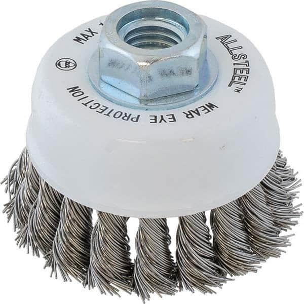 WALTER Surface Technologies - 3" Diam 5/8-11 Threaded Arbor Stainless Steel Fill Cup Brush - A1 Tooling