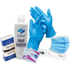 No Brand - Emergency Preparedness Kits Type: Back-to-Work Safety Kit Contents: (5) Ear Loop Masks; (5) Pair of Nitrile Gloves Size Large; Disposable Thermometer; Tissue Packet; 3.4oz Hand Sanitizer; (6) Antiseptic Towelettes - A1 Tooling