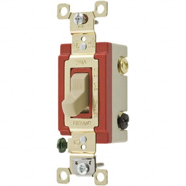 Wall & Dimmer Light Switches; Switch Type: Three Way; Switch Operation: Toggle; Color: Ivory; Color: Ivory; Grade: Industrial; Number of Poles: 1; Amperage: 20 A; Number Of Poles: 1; Amperage: 20 A; 20; Voltage: 120/277 VAC; Includes: Terminal Screws; Sta