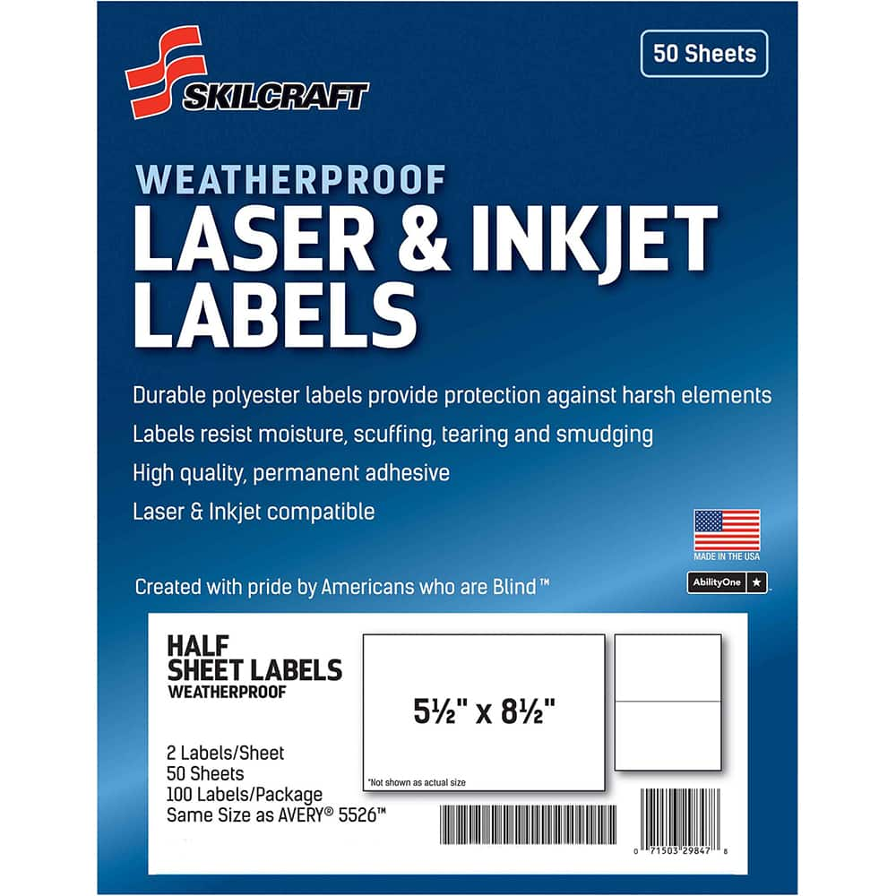 Ability One - Labels, Ribbons & Tapes; Type: Mailing Labels ; Color: White ; For Use With: Laser & Inkjet Printers ; Width (Inch): 5-1/2 ; Length (Inch): 8-1/2 ; Number of Labels: 100 - Exact Industrial Supply