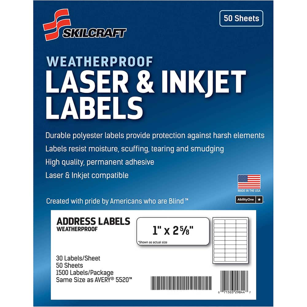 Ability One - Labels, Ribbons & Tapes; Type: Mailing Labels ; Color: White ; For Use With: Laser & Inkjet Printers ; Width (Inch): 1 ; Length (Inch): 2-5/8 ; Number of Labels: 500 - Exact Industrial Supply