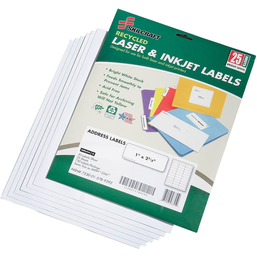 Ability One - Labels, Ribbons & Tapes; Type: Address Labels ; Color: White ; For Use With: Laser & Inkjet Printers ; Width (Inch): 1 ; Length (Inch): 2-5/8 ; Number of Labels: 750 - Exact Industrial Supply