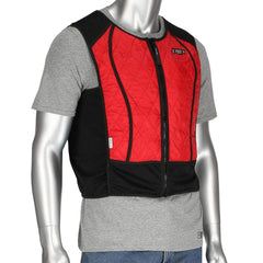 Cooling Vests; Cooling Type: Evaporating; Phase Change; Activation Method: Chill Cooling Inserts Until White and Rigid; Size: 2-Xlarge; Color: Red and Black; Color Properties: NonReflective; Maximum Cooling Time (Hours): 3; Includes: Cooler Bag; Closure: