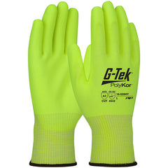 ‎16-520HY/XS Coated Gloves w/Polykor - G-Tek PolyKor - Hi-Vis 13G Blended Shell - Hi-Vis Polyurethane Grip - A3 - Exact Industrial Supply