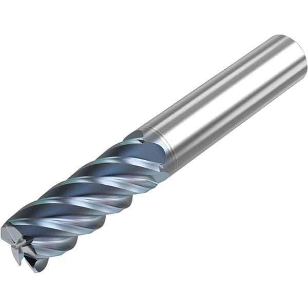 Corner Radius End Mill: 3/4″ Dia, 1-5/8″ LOC, 0.015″ Radius, 5 Flutes, Solid Carbide 4″ OAL, 3/4″ Shank Dia, 45 ° Helix, HTA Coated, Corner Radius End, Series S545