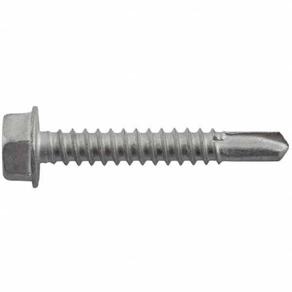 #12-14, Hex Washer Head, Hex Drive, 4″ Length Under Head, #3 Point, Self Drilling Screw Carbon Steel, Silver StalGard Finish