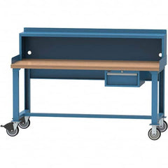 Workbench Top Mobile Work Center: 30″ OAD, 1 Drawer Steel Body, Butcher Block Top, Bright Blue