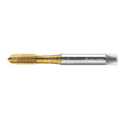 Spiral Point Tap: #10-32, UNF & DIN 371, 3 Flutes, Plug, 2B, HSS-E, TiN Finish 13 mm Thread Length, 70 mm OAL, Right Hand, Series TC216