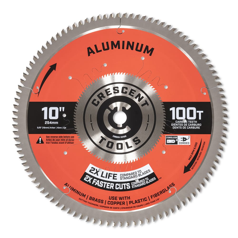 Wet & Dry Cut Saw Blade: 10″ Dia, 5/8″ Arbor Hole, 0.11″ Kerf Width, 100 Teeth Use on Aluminum Cutting