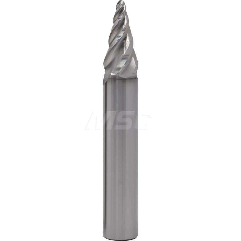 Barrel Cutter End Mills; End Type: Circle Segment Taper Form; Material: Solid Carbide; Taper Angle Per Side: 20.00; Small End Diameter (mm): 3.00; Shank Diameter (mm): 12.0000; Length of Cut (mm): 13.5000; Number of Flutes: 4; Helix Angle: 20.00; Finish/C