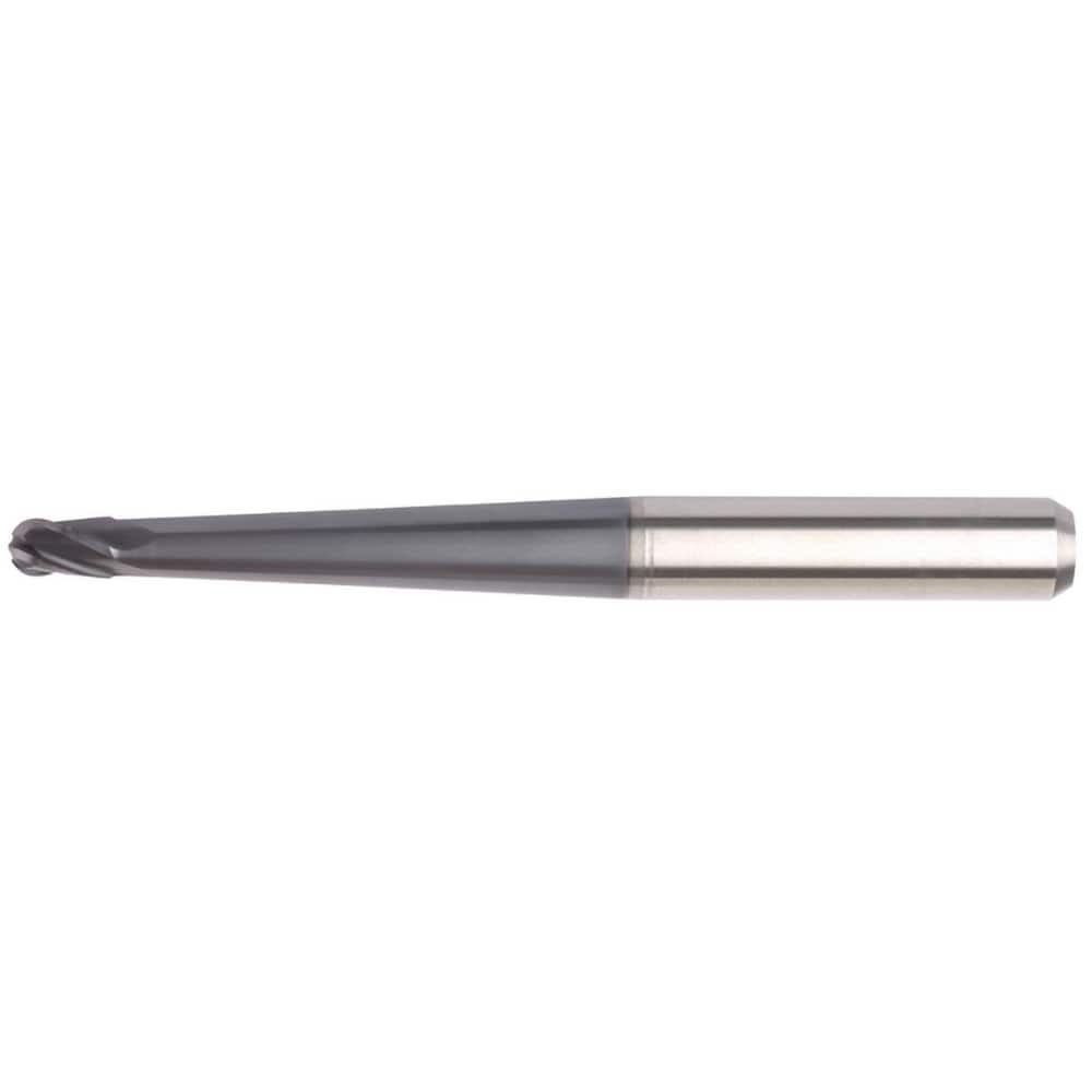 Ball End Mill: 0.3937″ Dia, 0.5906″ LOC, 4 Flute, Solid Carbide 150 mm OAL, 12 mm Shank Dia, 30 ° Helix, AlTiN Coated, Single End