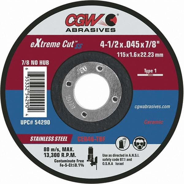 CGW Abrasives - Cutoff Wheels Tool Compatibility: Angle Grinders Wheel Diameter (Inch): 4-1/2 - A1 Tooling