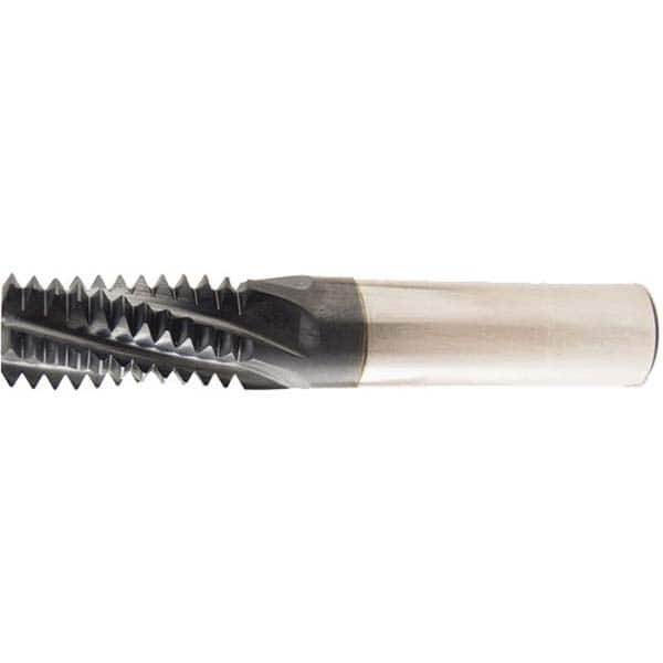 Helical Flute Thread Mill: 3/4-14, Internal & External, 4 Flute, 1/2″ Shank Dia, Solid Carbide 14 TPI, 0.495″ Cut Dia, 7/8″ LOC, TiAlN Coated