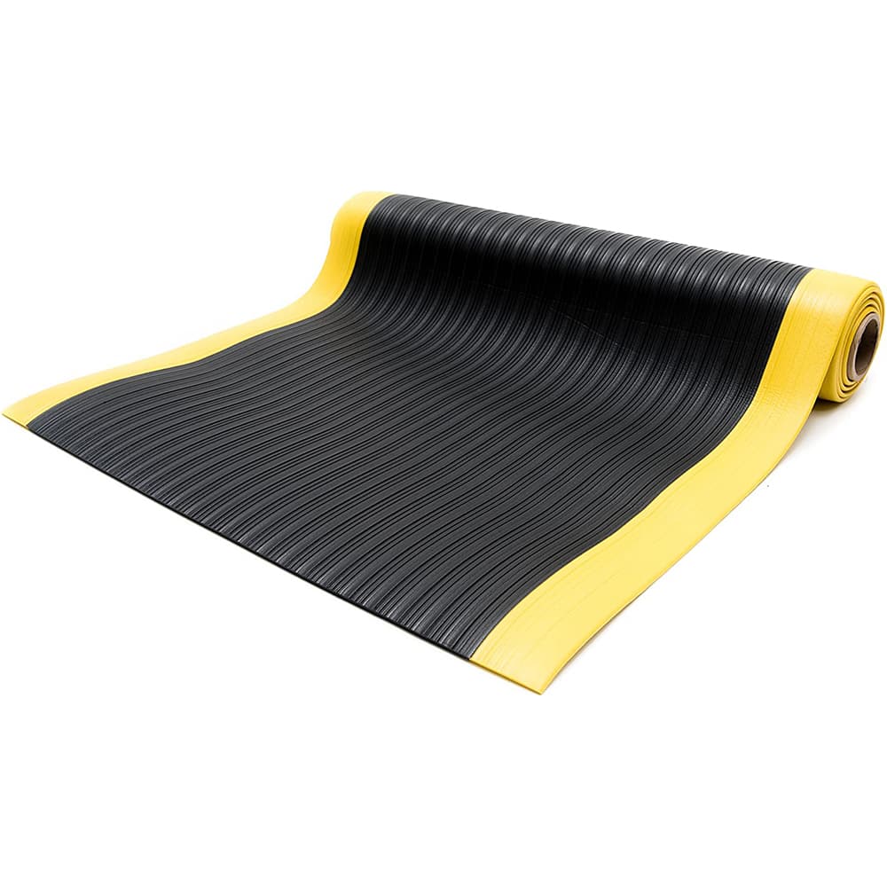 Anti-Fatigue Mat: 5' Length, 3' Wide, 3/8″ Thick, Vinyl, Beveled Edge, Light-Duty Ribbed, Black, Dry