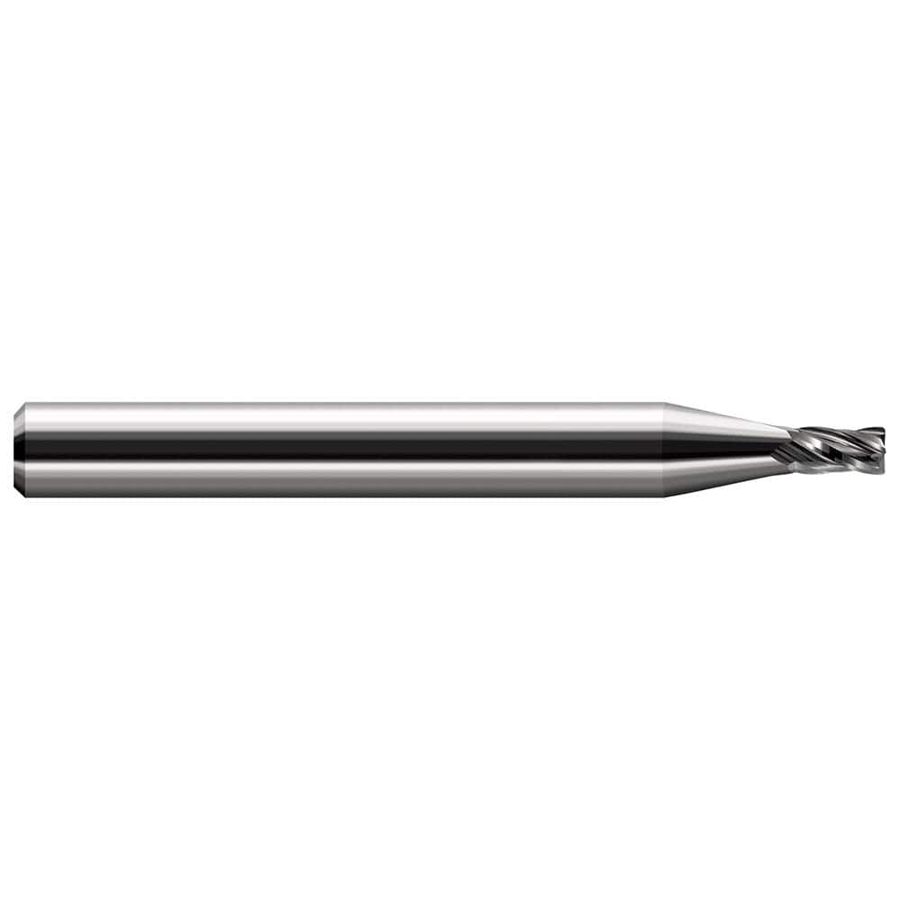 Corner Radius End Mill: 0.018″ Dia, 0.027″ LOC, 0.005″ Radius, 4 Flutes, Solid Carbide 1-1/2″ OAL, 1/8″ Shank Dia, 30 ° Helix, Bright/Uncoated, Corner Radius End, Centercutting