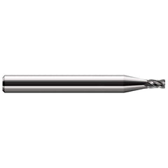 Corner Radius End Mill: 0.018″ Dia, 0.027″ LOC, 0.005″ Radius, 4 Flutes, Solid Carbide 1-1/2″ OAL, 1/8″ Shank Dia, 30 ° Helix, Bright/Uncoated, Corner Radius End, Centercutting