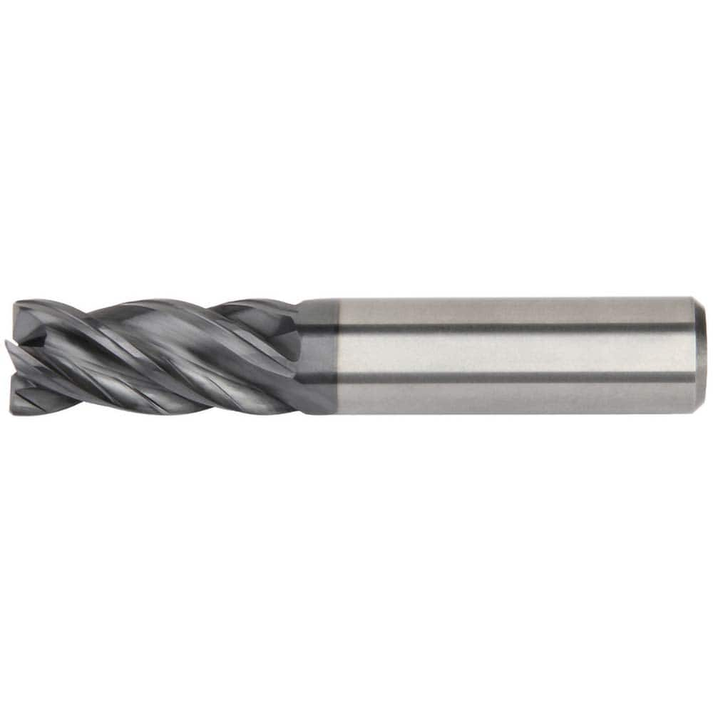 Corner Radius End Mill: 5/8″ Dia, 2-1/4″ LOC, 0.03″ Radius, 4 Flutes, Solid Carbide 5″ OAL, 5/8″ Shank Dia, 36 ° Helix, AlTiN Coated, Corner Radius End, Centercutting, Series H1TE