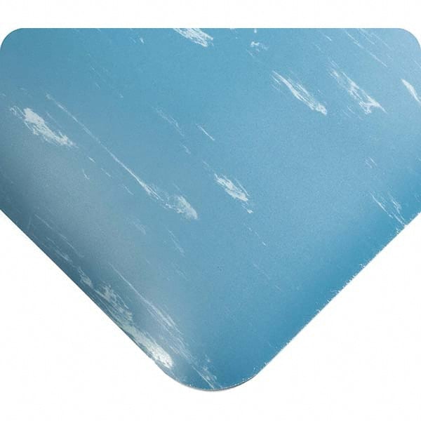 Anti-Fatigue Mat: 32' Length, 2' Wide, 7/8″ Thick, Vinyl, Beveled Edge, Heavy-Duty Marbled, Blue, Dry