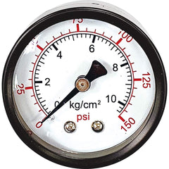 FRL Accessories; Type: Pressure Gauge; Accessory Type: Pressure Gauge; For Use With: Miniature Filters, Compact Regulators; Material: Steel; Material: Steel; Port Size: 1/8; Pressure Range (psi): 0 - 150; Width (Decimal Inch): 1.6500; Height (Inch): 1.65;