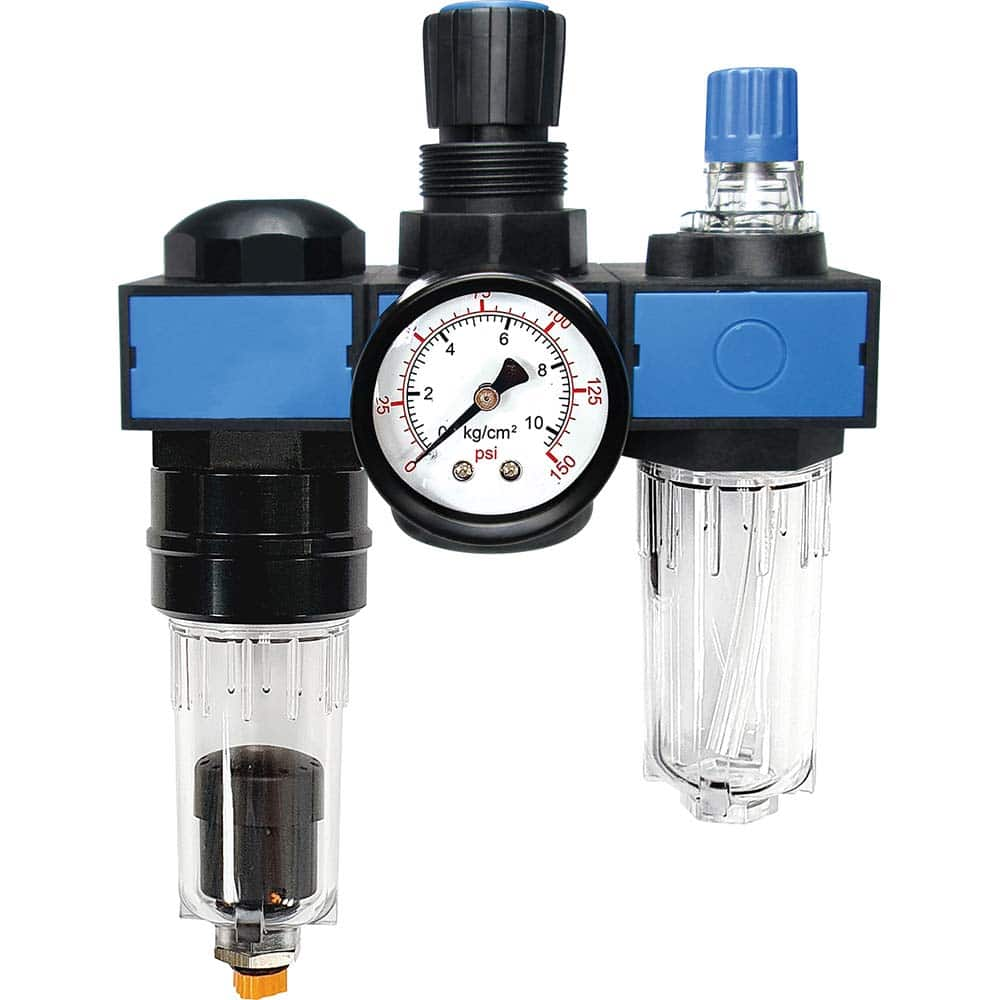 FRL Combination Unit: 1/4 NPT, Miniature with Pressure Gauge 65.32 SCFM, 145 Max psi, Polycarbonate Bowl, Automatic Drain