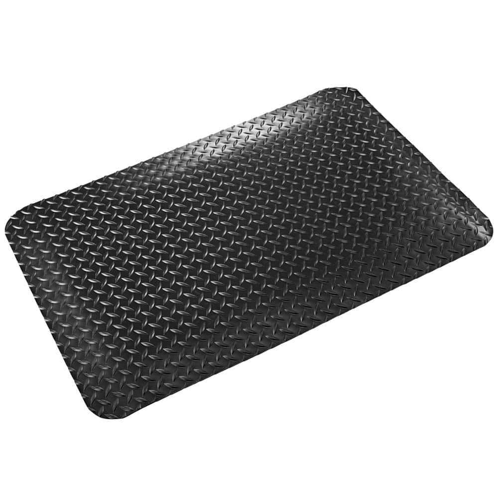 Anti-Fatigue Mat: 75' Length, 4' Wide, 5/8″ Thick, Polyvinylchloride Diamond Plate & Raised Diamond, Black, Dry