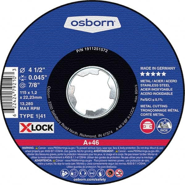 Osborn - 4-1/2 x 0.045, 7/8" Hole 46 Grit Aluminum Oxide Cutoff Wheel - A1 Tooling