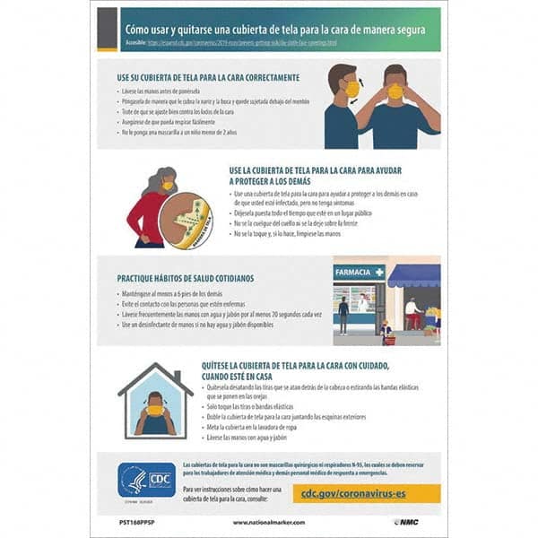 NMC - "C\xF3mo usar y quitarse una cubierta de tela para la cara de manera segura", 18" High x 12" Wide, Paper Safety Sign - A1 Tooling