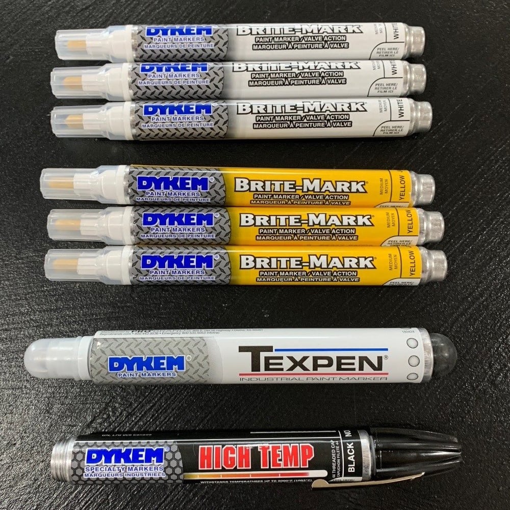 Dykem - Markers & Paintsticks; Type: Marker ; Color: White; Yellow; Black ; Ink Type: Oil Base ; Tip Type: Felt ; Description: Includes: Dykem BRITE-MARK Medium Tip Paint Markers (3 yellow, 3 white), Dykem High Temp Medium Tip Marker (1 black), and Dykem - Exact Industrial Supply